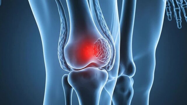 Medical Visualization of Knee Joint Anatomy Highlighting Pain and Inflammation with Glowing Red Focus
