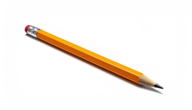 Yellow pencil, hexagonal barrel, red eraser, sharpened tip
