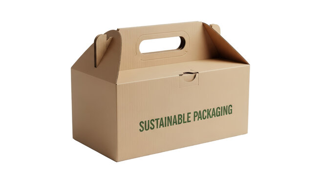 Brown Cardboard Carry Box with Green Text Sustainable Packaging isolated on Transparent Background