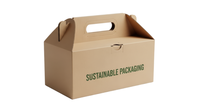 Brown Cardboard Carry Box with Green Text Sustainable Packaging isolated on Transparent Background
