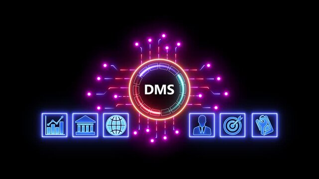 Concept for business DMS, management and procedures.Neon Circuit board line connecting with Artificial Intelligence technology concept.business and industrial technology concept. 4k