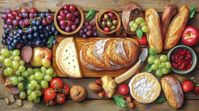 Overhead view of picnic spread with bread cheese and fruit