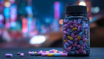 Colorful capsules spill from a clear jar against a blurred, neon-lit background - Powered by Adobe