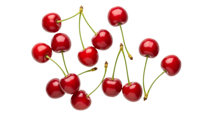 A cluster of fresh red cherries with green stems on transparent background