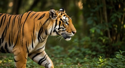 Fototapeta premium A Bengal tiger strides through lush greenery, its orange coat and black stripes glowing against the forest—embodying the strength, grace, and urgency of wildlife preservation.
