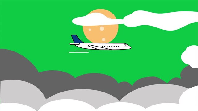 Airplane Flying Above Clouds Animation | Simple Flat Vector Motion Background with green background