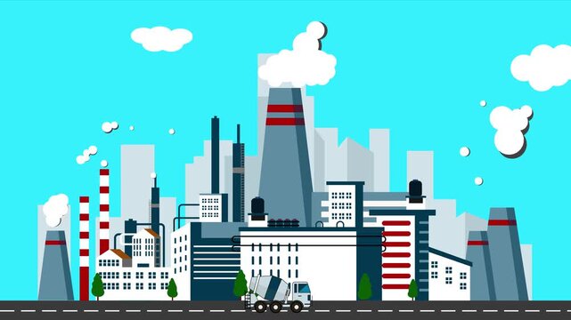 2D Factory Animation with Smoke Emissions, Moving Clouds and Concrete Mixer Truck