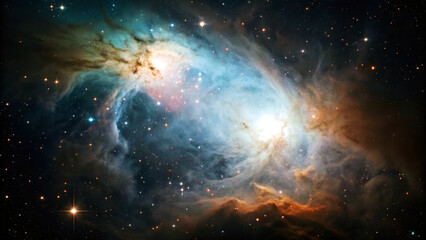 Expansive nebula with colorful gas clouds and many shining stars