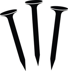 Three black nails with pointed tips on a white background metal hardware
