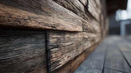 Closeup of weathered, aged wooden planks forming the exterior wall of a rustic building, with a shallow depth of field