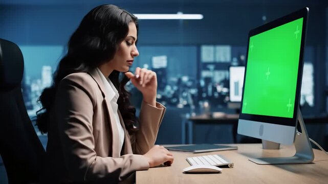 Green Screen confident arab businesswoman working on implementing modern business strategy in creative agency specialist writing corporate project plan desktop computer with mock up display scene 3