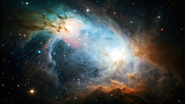 Expansive nebula with colorful gas clouds and many shining stars