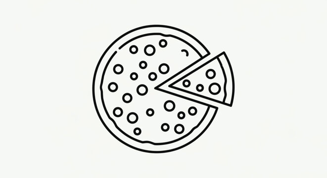 Line art illustration of a whole pizza with one slice removed, showing toppings.