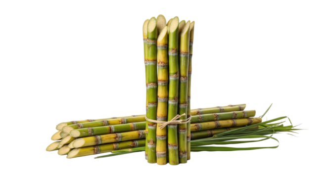 Bundle Of Green Sugarcane Stalks With Yellow Stripes Tied With Twine isolated on Transparent Background