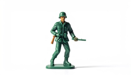 Fototapeta premium Plastic toy soldier, green uniform, posed, white backdrop
