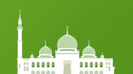 Minimalist white mosque silhouette against vibrant green background