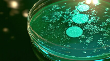 Petri dish with bacterial colonies and antibiotic inhibition zones