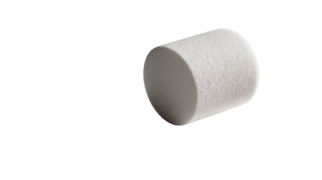 Single foam earplug casting soft shadow isolated on a Transparent background, PNG file.