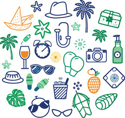 Hand Drawn Summer Vacation Set Isolated on White Background | Travel and Beach Vector Illustration