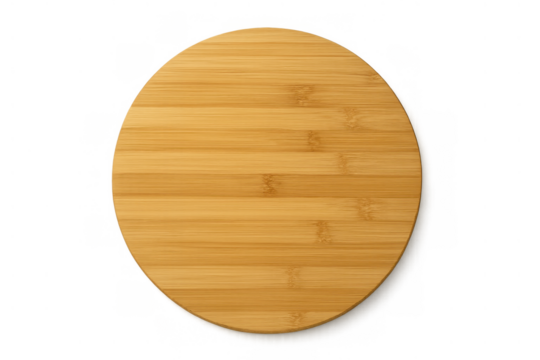 Round bamboo wood cutting board with natural grain texture, preparing food in kitchen, transparent background