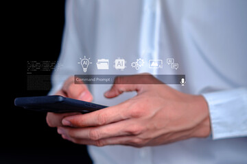 Hands Typing on Smartphone with Futuristic Interface for Voice Command and AI Applications in Dark Background