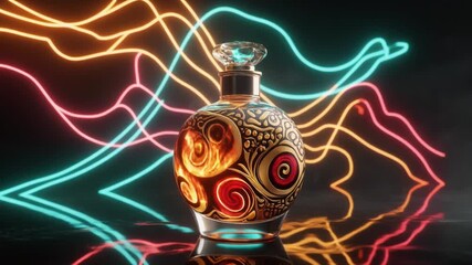 Modern abstract concept: an elegant bottle with glowing details, surrounded by energy light trails, smoke, and reflections on a dark floor