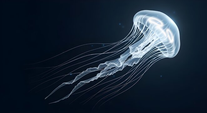 A translucent jellyfish glides through dark waters, its glowing bell and trailing tentacles illuminated in soft contrast—evoking the mystery and elegance of deep-sea life.