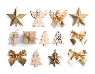 A festive collection of Christmas icons including golden stars, wooden angels, ribbon bows, and gift decorations isolated on a plain white background