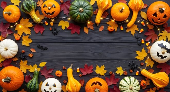 A festive autumn tableau of pumpkins, jack-o'-lanterns, colorful leaves, and Halloween trinkets arranged around a glowing centerpiece—celebrating the cozy charm and playful spirit of the season. - Powered by Adobe