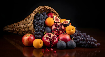 A bountiful cornucopia overflowing with fresh fruits like grapes, pomegranates, and figs, symbolizing abundance and the harvest season's generosity.