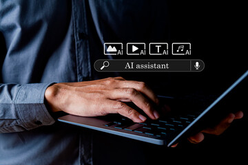 Close-up of a Person Using a Laptop with AI Interface Icons for Image, Video, Text, and Music in a Dark Environment