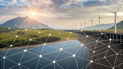 A serene landscape featuring wind turbines and solar panels with a mountain backdrop, symbolizing renewable energy and sustainability.