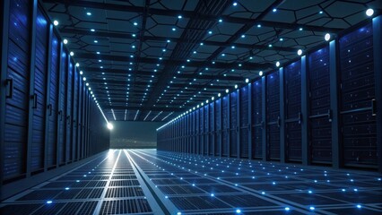 A futuristic data center with rows of servers, illuminated by blue lights, showcasing advanced technology and a sleek design.