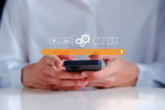 Hands Holding Smartphone with AI Icons and Search Bar Displayed, Symbolizing Modern Technology and Digital Communication Trends