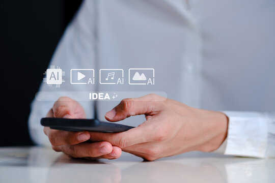 Person Holding Smartphone with AI Concept Icons Displayed, Exploring Music, Images, and Videos through Advanced Technology Interface