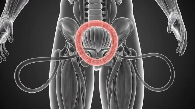 Anatomical illustration of the male pelvic region highlighting the urinary bladder with surrounding structures in a clear medical visualization of the reproductive