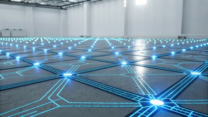 A futuristic floor design featuring illuminated blue lines and patterns, creating a high-tech atmosphere in a spacious room.