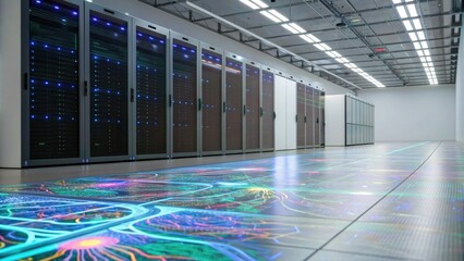 A high-tech data center featuring server racks and colorful circuit-like designs projected on the floor, showcasing modern technology and digital infrastructure.