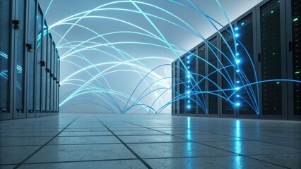 A futuristic data center with glowing blue data streams connecting servers, showcasing advanced technology and digital connectivity.