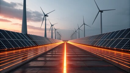 A futuristic landscape featuring wind turbines and solar panels under a dramatic sky, highlighting renewable energy and technology.