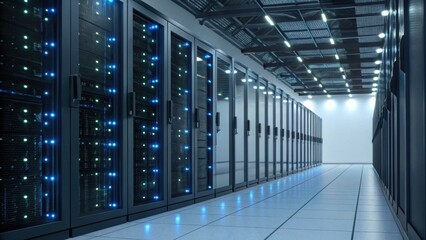 A modern data center corridor lined with server racks featuring illuminated indicators and a sleek, high-tech environment.