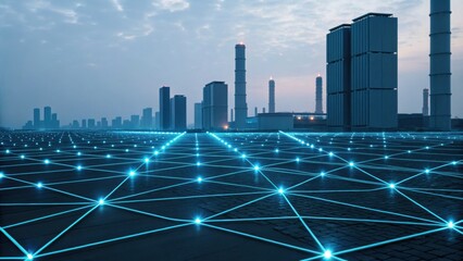 A futuristic urban landscape featuring glowing blue lines on a grid, with tall buildings and smokestacks against a twilight sky.