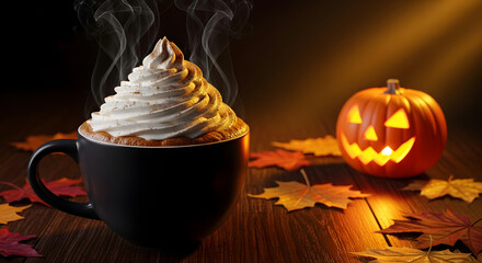 A steaming cup of pumpkin spice latte topped with whipped cream sits beside a carved jack-o'-lantern and autumn leaves, evoking a cozy Halloween atmosphere.
