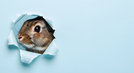 Easter rabbit, holiday in spring, copy space, greeting card, blue colored background, animal theme