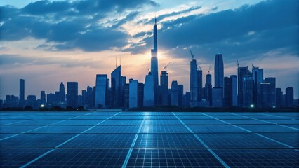 A skyline with modern skyscrapers is silhouetted against a sunset, while solar panels reflect the evening light, symbolizing renewable energy and urban development.