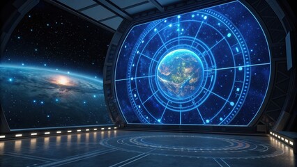 A futuristic space observation room displays Earth with cosmic scenery and advanced technology, showcasing a blend of science and imagination.