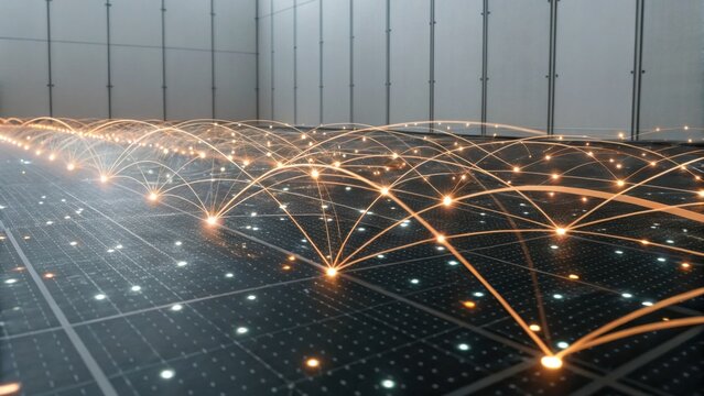 A digital landscape featuring glowing connections across a grid, symbolizing technology and network communications.