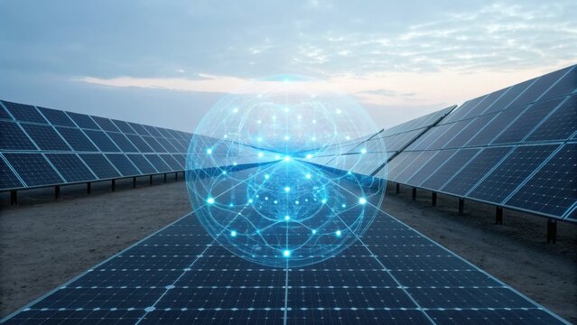 A digital representation of a glowing sphere surrounded by solar panels under a cloudy sky, symbolizing renewable energy and technology.