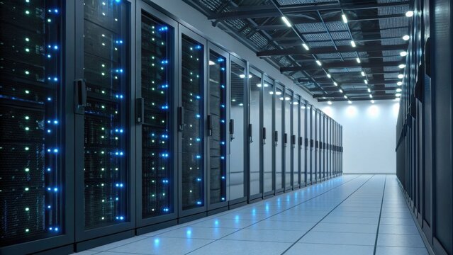 A modern data center corridor lined with server racks featuring illuminated indicators and a sleek, high-tech environment.