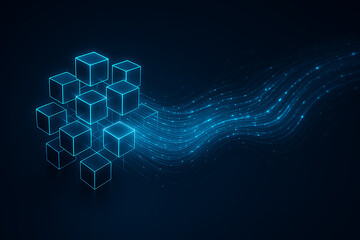 Fototapeta premium Dynamic blockchain network with glowing blue cubes and flowing data streams, perfect for illustrating complex systems and future technologies, a modern digital solution